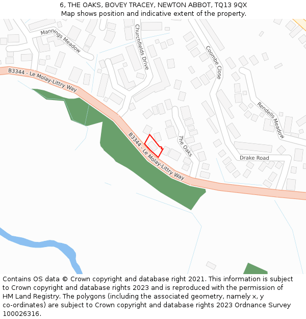 6, THE OAKS, BOVEY TRACEY, NEWTON ABBOT, TQ13 9QX: Location map and indicative extent of plot