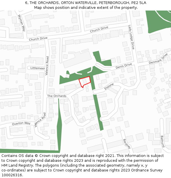 6, THE ORCHARDS, ORTON WATERVILLE, PETERBOROUGH, PE2 5LA: Location map and indicative extent of plot