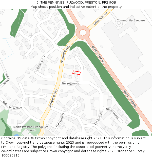 6, THE PENNINES, FULWOOD, PRESTON, PR2 9GB: Location map and indicative extent of plot
