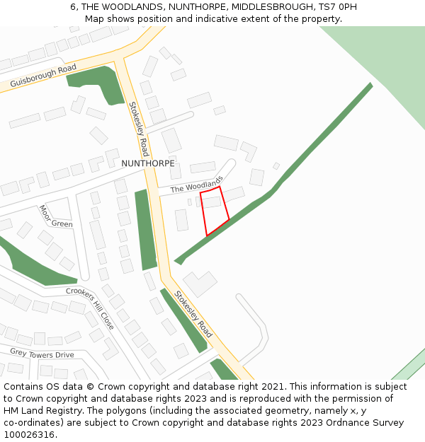 6, THE WOODLANDS, NUNTHORPE, MIDDLESBROUGH, TS7 0PH: Location map and indicative extent of plot