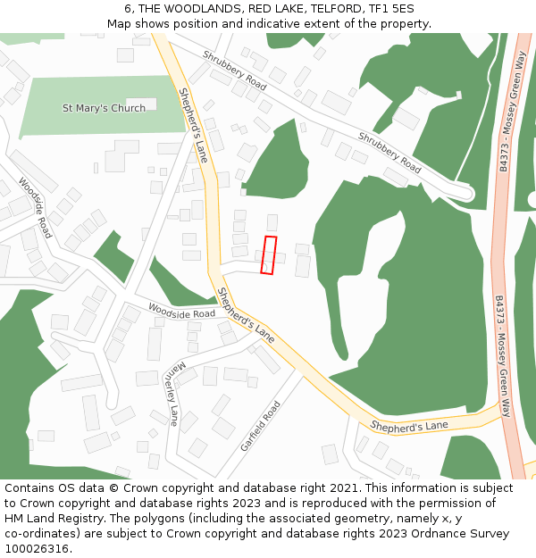 6, THE WOODLANDS, RED LAKE, TELFORD, TF1 5ES: Location map and indicative extent of plot