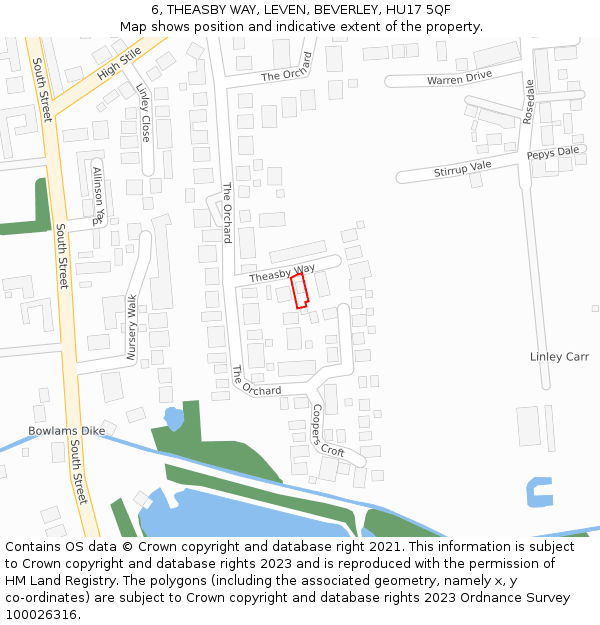 6, THEASBY WAY, LEVEN, BEVERLEY, HU17 5QF: Location map and indicative extent of plot