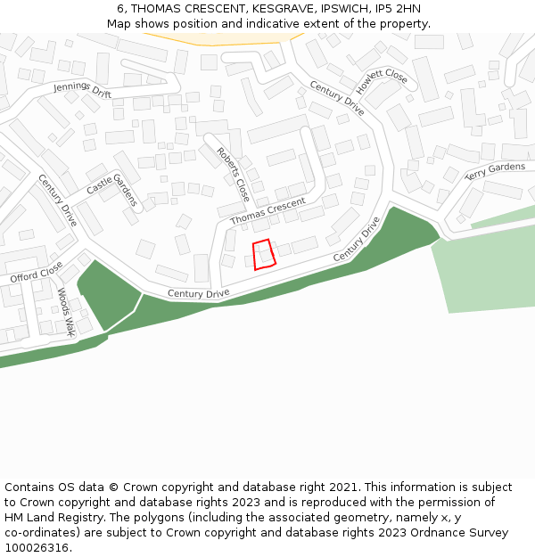 6, THOMAS CRESCENT, KESGRAVE, IPSWICH, IP5 2HN: Location map and indicative extent of plot