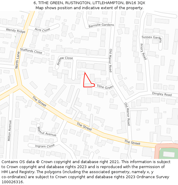 6, TITHE GREEN, RUSTINGTON, LITTLEHAMPTON, BN16 3QX: Location map and indicative extent of plot