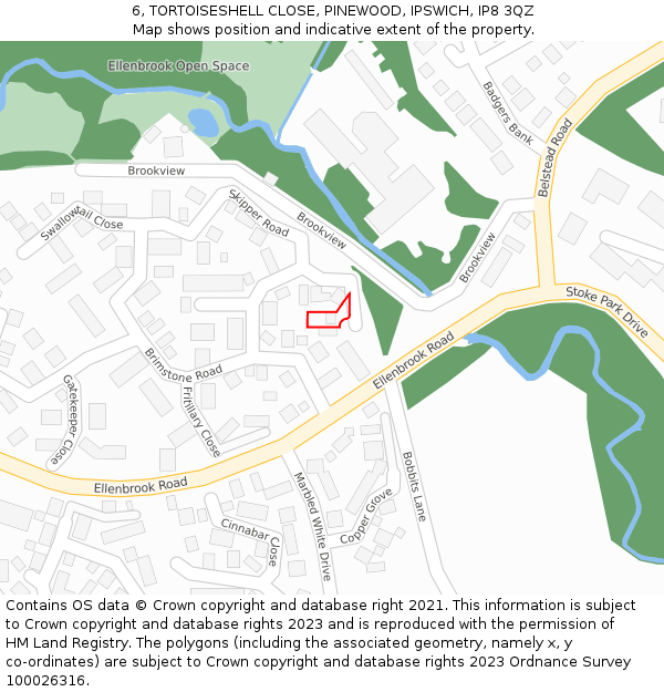 6, TORTOISESHELL CLOSE, PINEWOOD, IPSWICH, IP8 3QZ: Location map and indicative extent of plot
