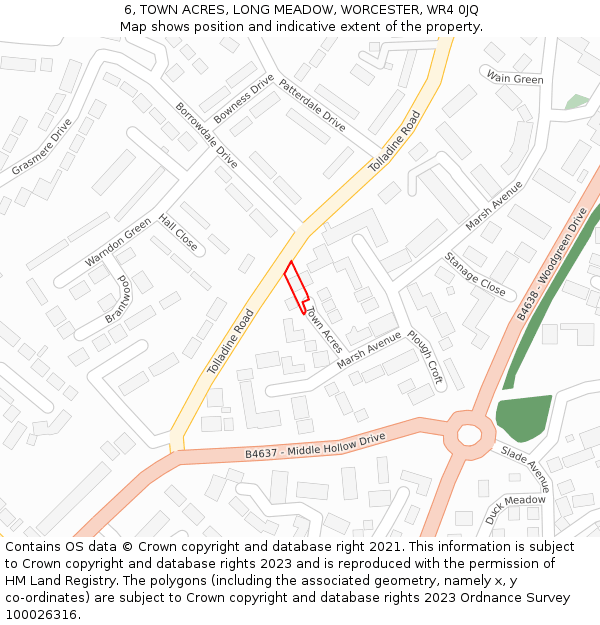 6, TOWN ACRES, LONG MEADOW, WORCESTER, WR4 0JQ: Location map and indicative extent of plot