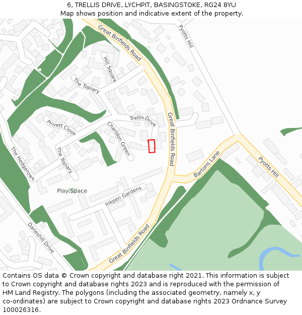 6, TRELLIS DRIVE, LYCHPIT, BASINGSTOKE, RG24 8YU: Location map and indicative extent of plot