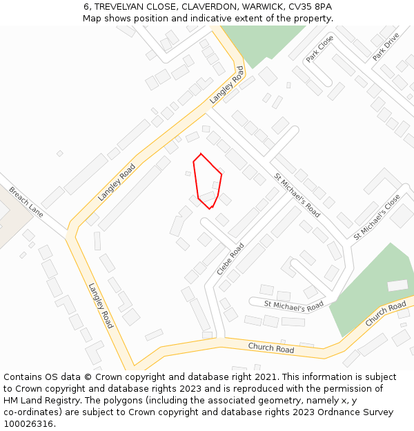 6, TREVELYAN CLOSE, CLAVERDON, WARWICK, CV35 8PA: Location map and indicative extent of plot