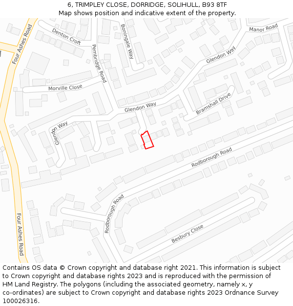 6, TRIMPLEY CLOSE, DORRIDGE, SOLIHULL, B93 8TF: Location map and indicative extent of plot