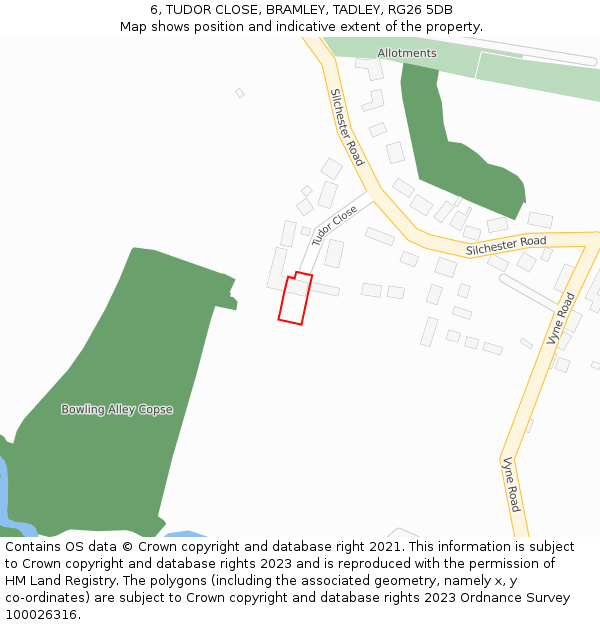 6, TUDOR CLOSE, BRAMLEY, TADLEY, RG26 5DB: Location map and indicative extent of plot