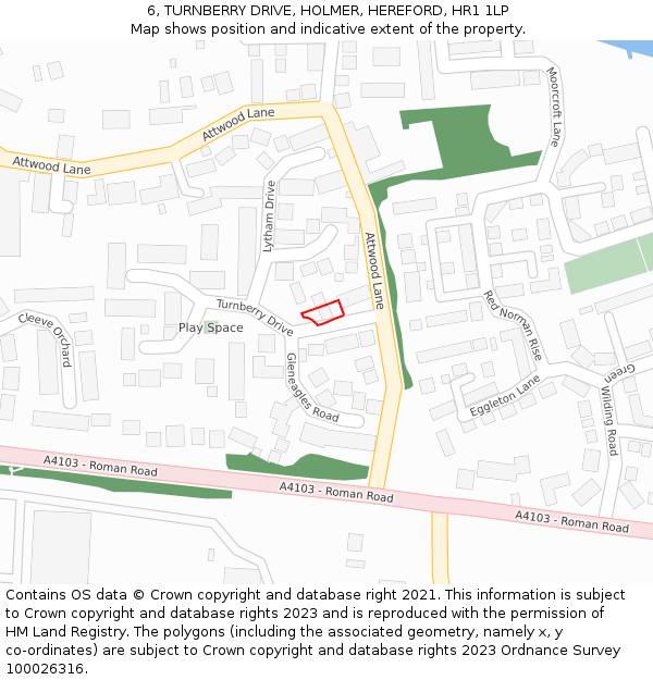 6, TURNBERRY DRIVE, HOLMER, HEREFORD, HR1 1LP: Location map and indicative extent of plot