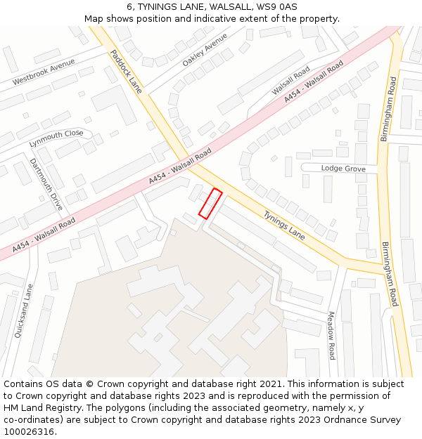6, TYNINGS LANE, WALSALL, WS9 0AS: Location map and indicative extent of plot