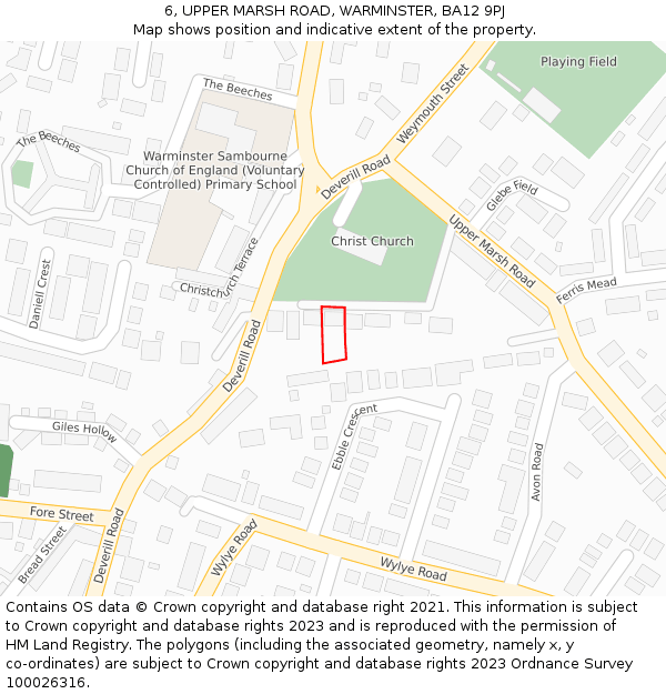 6, UPPER MARSH ROAD, WARMINSTER, BA12 9PJ: Location map and indicative extent of plot