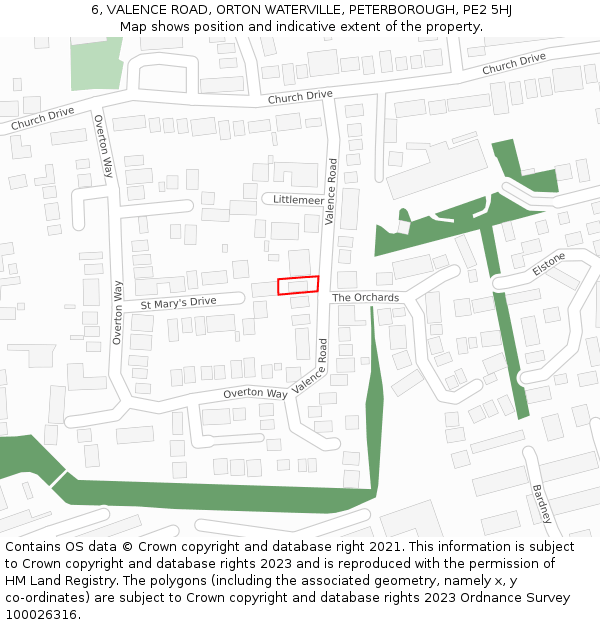 6, VALENCE ROAD, ORTON WATERVILLE, PETERBOROUGH, PE2 5HJ: Location map and indicative extent of plot