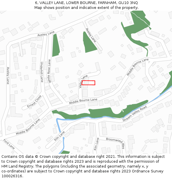 6, VALLEY LANE, LOWER BOURNE, FARNHAM, GU10 3NQ: Location map and indicative extent of plot