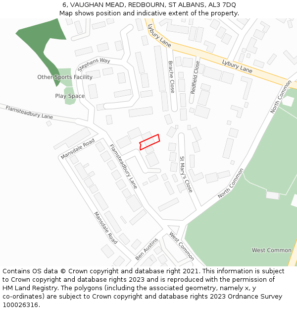 6, VAUGHAN MEAD, REDBOURN, ST ALBANS, AL3 7DQ: Location map and indicative extent of plot