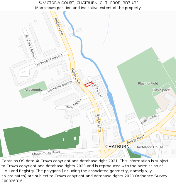 6, VICTORIA COURT, CHATBURN, CLITHEROE, BB7 4BF: Location map and indicative extent of plot