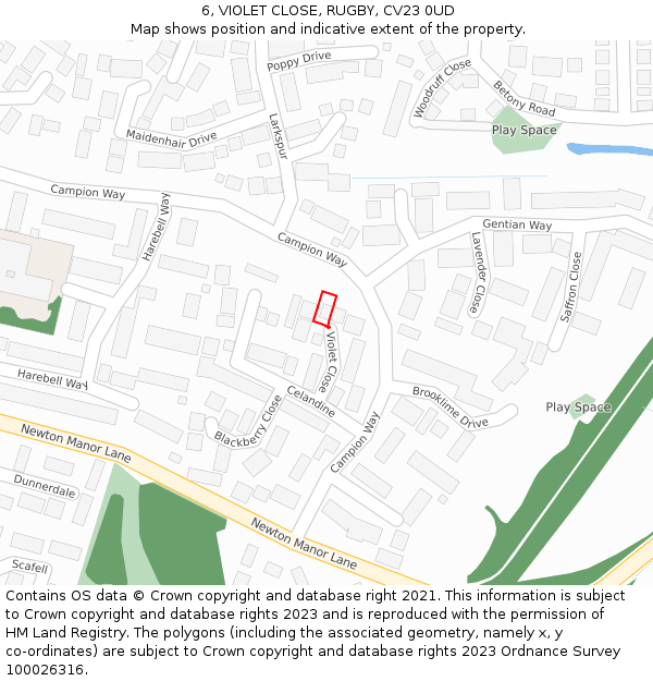 6, VIOLET CLOSE, RUGBY, CV23 0UD: Location map and indicative extent of plot