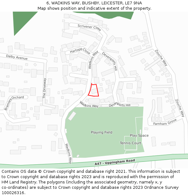 6, WADKINS WAY, BUSHBY, LEICESTER, LE7 9NA: Location map and indicative extent of plot