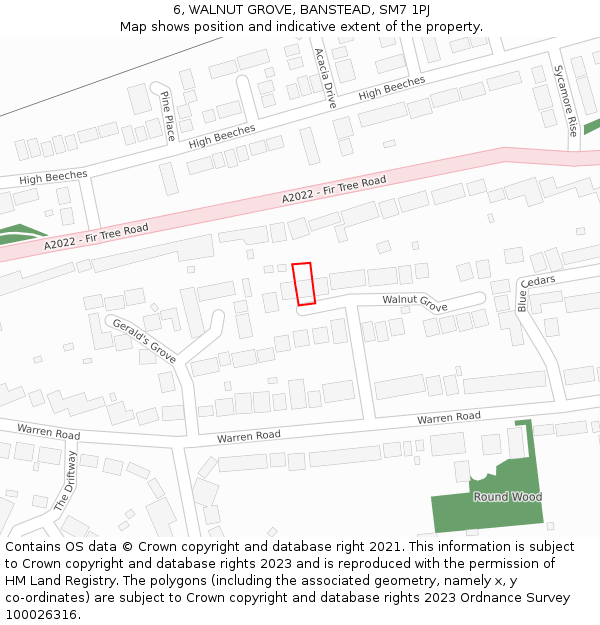 6, WALNUT GROVE, BANSTEAD, SM7 1PJ: Location map and indicative extent of plot