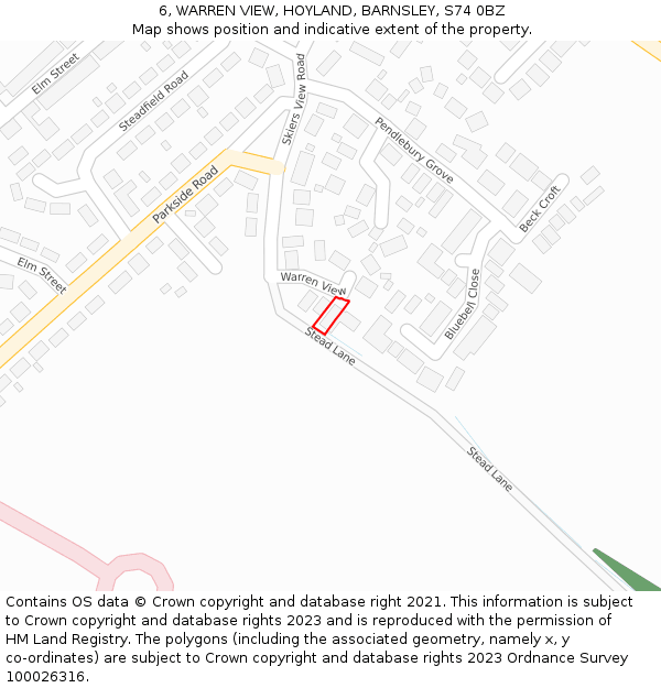 6, WARREN VIEW, HOYLAND, BARNSLEY, S74 0BZ: Location map and indicative extent of plot