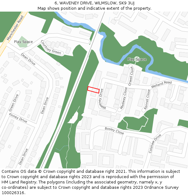 6, WAVENEY DRIVE, WILMSLOW, SK9 3UJ: Location map and indicative extent of plot