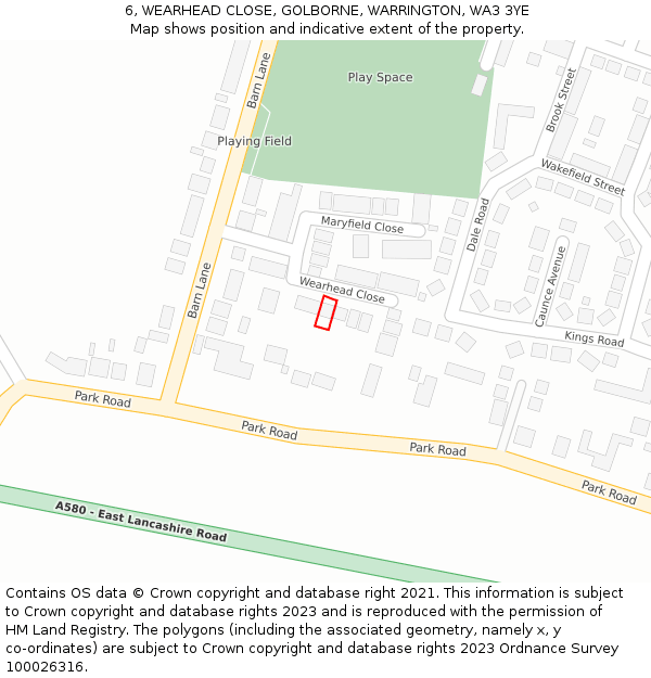 6, WEARHEAD CLOSE, GOLBORNE, WARRINGTON, WA3 3YE: Location map and indicative extent of plot