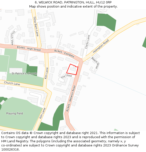6, WELWICK ROAD, PATRINGTON, HULL, HU12 0RP: Location map and indicative extent of plot