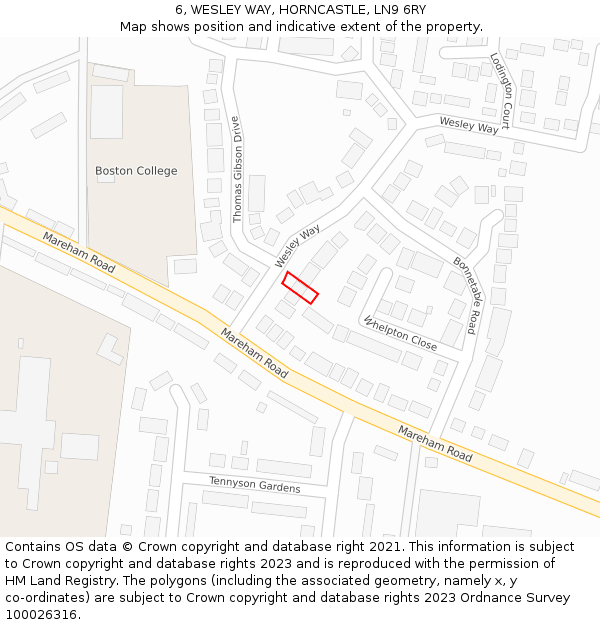 6, WESLEY WAY, HORNCASTLE, LN9 6RY: Location map and indicative extent of plot