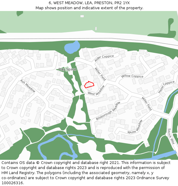 6, WEST MEADOW, LEA, PRESTON, PR2 1YX: Location map and indicative extent of plot