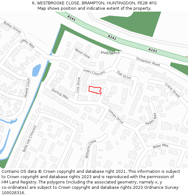 6, WESTBROOKE CLOSE, BRAMPTON, HUNTINGDON, PE28 4FG: Location map and indicative extent of plot