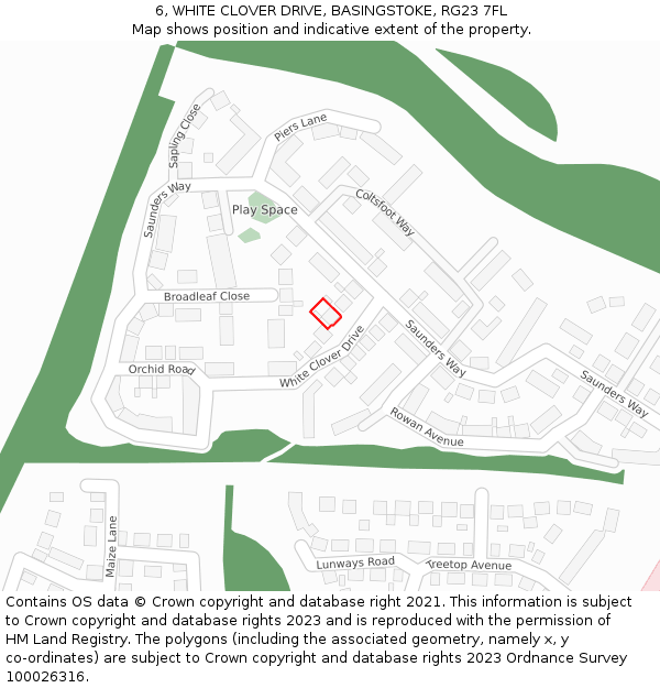6, WHITE CLOVER DRIVE, BASINGSTOKE, RG23 7FL: Location map and indicative extent of plot