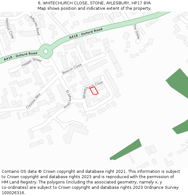 6, WHITECHURCH CLOSE, STONE, AYLESBURY, HP17 8YA: Location map and indicative extent of plot