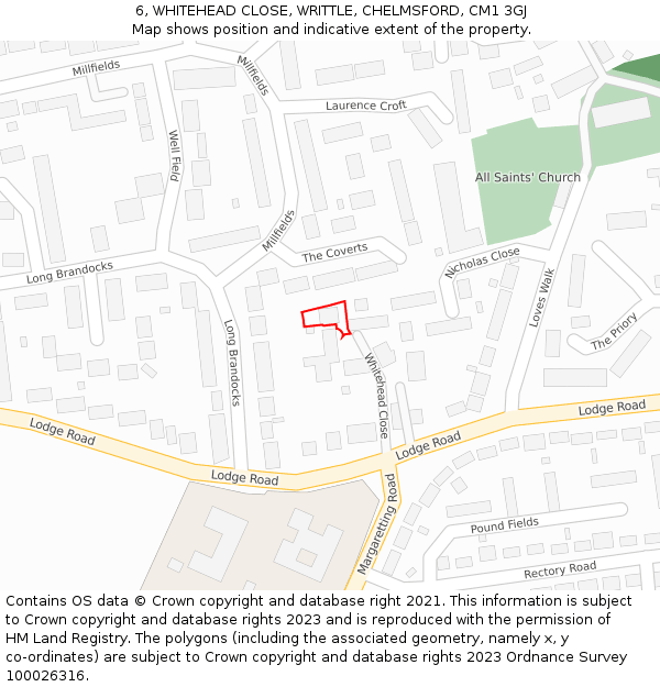 6, WHITEHEAD CLOSE, WRITTLE, CHELMSFORD, CM1 3GJ: Location map and indicative extent of plot