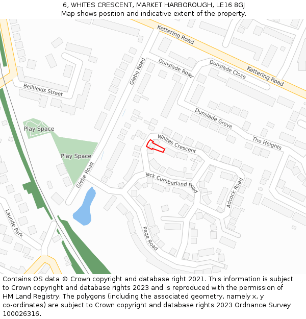 6, WHITES CRESCENT, MARKET HARBOROUGH, LE16 8GJ: Location map and indicative extent of plot