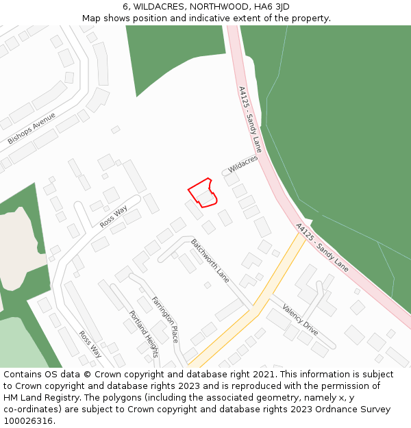 6, WILDACRES, NORTHWOOD, HA6 3JD: Location map and indicative extent of plot