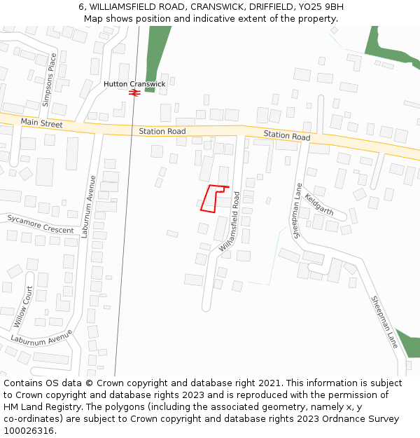 6, WILLIAMSFIELD ROAD, CRANSWICK, DRIFFIELD, YO25 9BH: Location map and indicative extent of plot