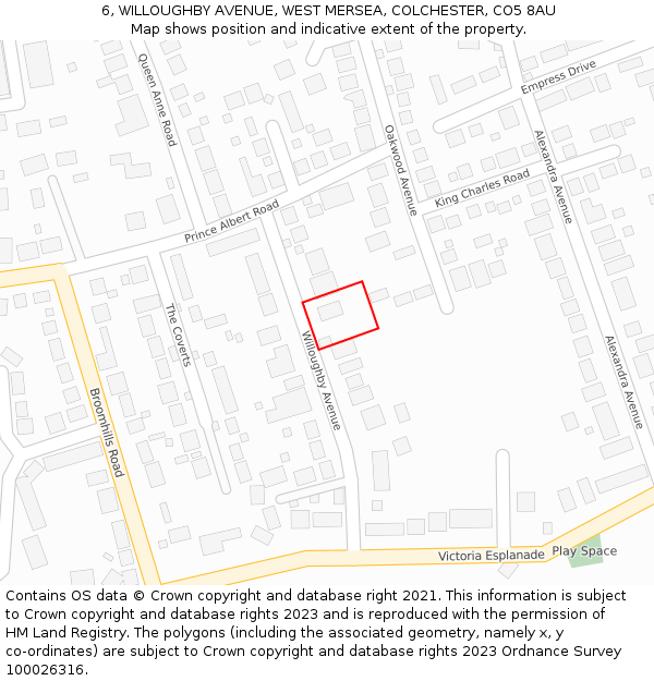 6, WILLOUGHBY AVENUE, WEST MERSEA, COLCHESTER, CO5 8AU: Location map and indicative extent of plot