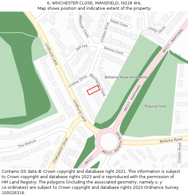 6, WINCHESTER CLOSE, MANSFIELD, NG18 4HL: Location map and indicative extent of plot