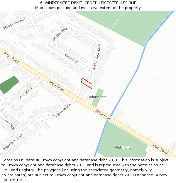 6, WINDERMERE DRIVE, CROFT, LEICESTER, LE9 3HE: Location map and indicative extent of plot