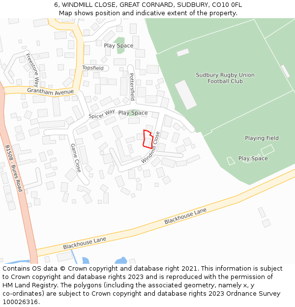 6, WINDMILL CLOSE, GREAT CORNARD, SUDBURY, CO10 0FL: Location map and indicative extent of plot