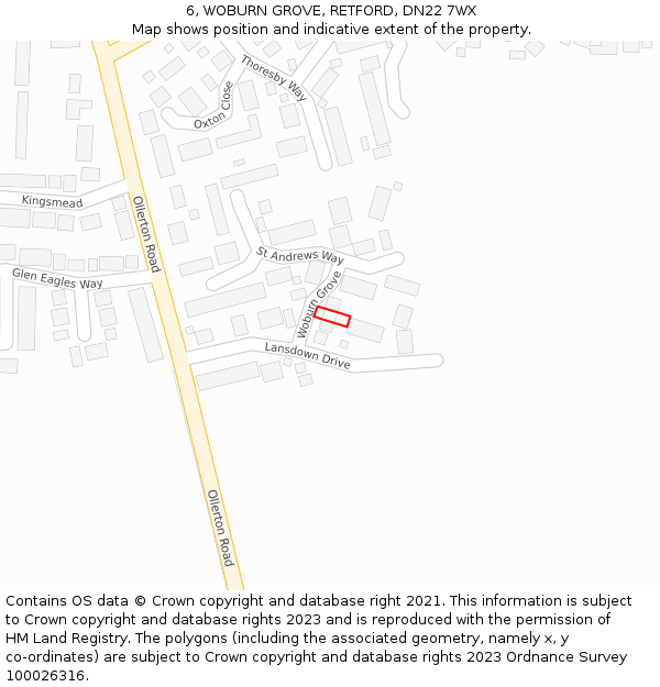 6, WOBURN GROVE, RETFORD, DN22 7WX: Location map and indicative extent of plot