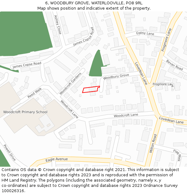 6, WOODBURY GROVE, WATERLOOVILLE, PO8 9RL: Location map and indicative extent of plot