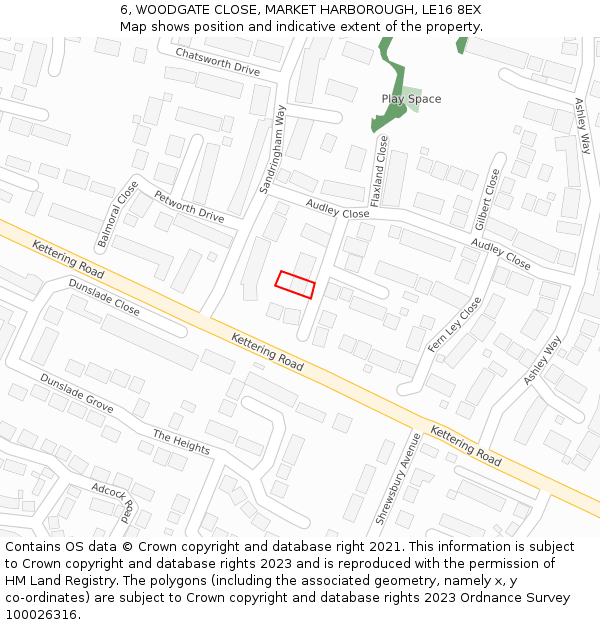6, WOODGATE CLOSE, MARKET HARBOROUGH, LE16 8EX: Location map and indicative extent of plot