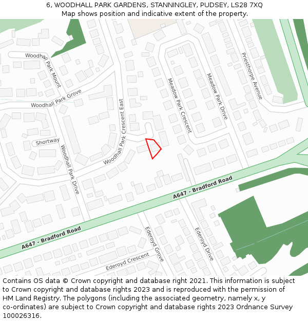 6, WOODHALL PARK GARDENS, STANNINGLEY, PUDSEY, LS28 7XQ: Location map and indicative extent of plot