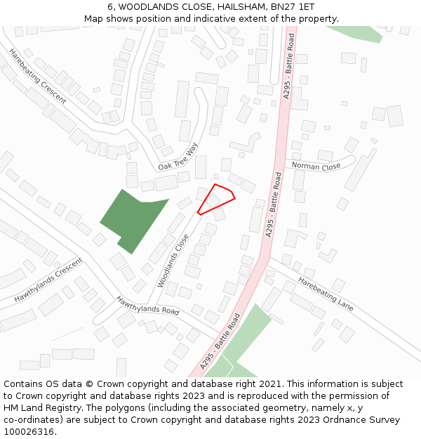 6, WOODLANDS CLOSE, HAILSHAM, BN27 1ET: Location map and indicative extent of plot