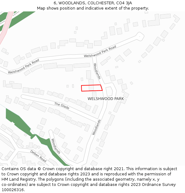 6, WOODLANDS, COLCHESTER, CO4 3JA: Location map and indicative extent of plot