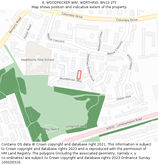 6, WOODPECKER WAY, WORTHING, BN13 2TY: Location map and indicative extent of plot