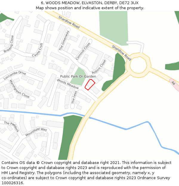 6, WOODS MEADOW, ELVASTON, DERBY, DE72 3UX: Location map and indicative extent of plot