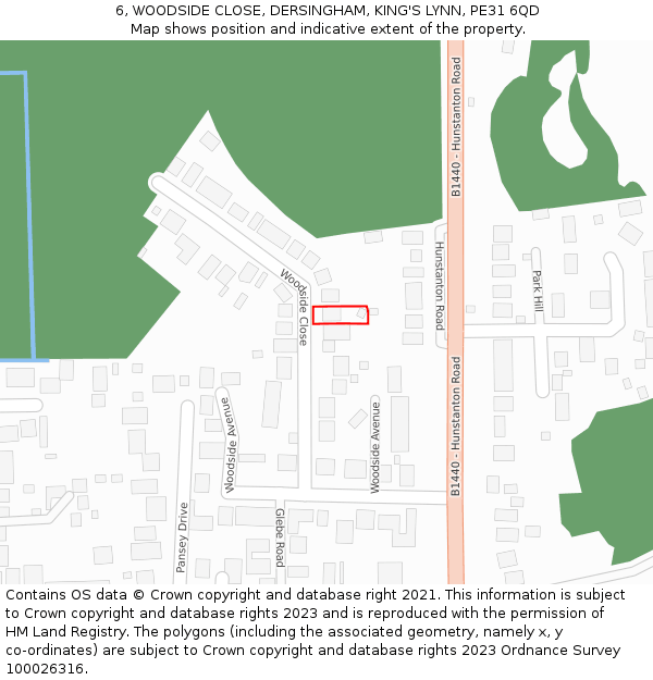 6, WOODSIDE CLOSE, DERSINGHAM, KING'S LYNN, PE31 6QD: Location map and indicative extent of plot